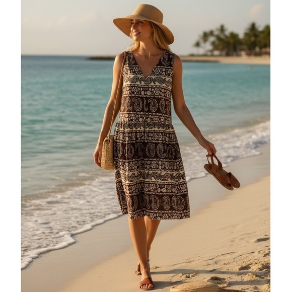 dressbarn Dresses & Skirts - Dressbarn Womens 12 Brown Paisley Floral Cotton V-Neck Sleeveless Dress #300K